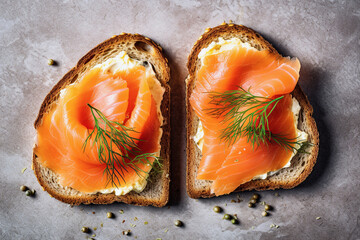 Wall Mural - smoked salmon on toast, top view, created with generative ai