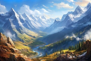 Wall Mural - view from the top of the mountains, beautiful green valley, generative ai