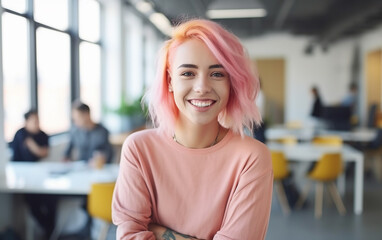 young adult woman portrait with dyed hair on modern office background. attractive and charming woman