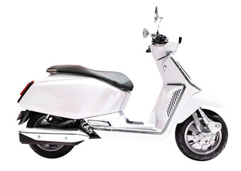 Sticker - Side view white motorcycle scooter isolated on white background with clipping path