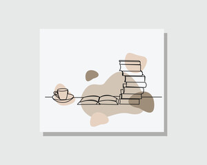 Wall Mural - Continuous single one line art drawing of Stack of books and cup of coffee or hot tea on table in boho bohemian style design vector illustration