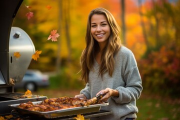 Wall Mural - Lifestyle portrait photography of a glad girl in her 30s cooking on a grill against an autumn foliage background. With generative AI technology