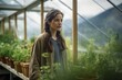 © Markus Schröder - Lifestyle portrait photography of a glad girl in her 30s growing plants in a greenhouse against a mountain range background. With generative AI technology