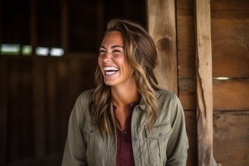 Lifestyle portrait photography of a happy girl in her 30s laughing against a rustic barn background. With generative AI technology