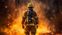 Back View Of A Firefighter Against Fiery Background