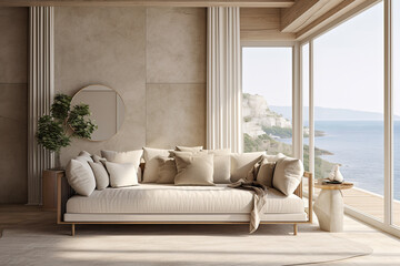 Interior design composition with a modern sofa in front of a large window. 