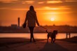 Lifestyle portrait photography of a satisfied girl in her 30s walking a dog against a vibrant sunset background. With generative AI technology