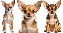 Collection Of Three Dogs, Chihuahua Set (portrait, Sitting And Standing) Isolated On White Background As Transparent PNG, Generative AI Animal Bundle