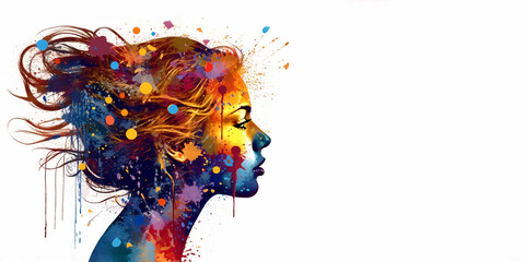 Mental health creative abstract concept.  Colorful illustration of womale head, paint splatter style. Mindfulness and self care idea. Banner white background. Copy space. Generative AI.