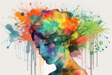 Wall Mural - Mental health creative abstract concept.  Colorful illustration of womale head, paint splatter style. Mindfulness and self care idea. White background. Generative AI.