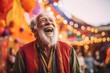 Medium shot portrait photography of a glad old man laughing against a vibrant festival background. With generative AI technology