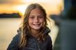 Lifestyle portrait photography of a grinning kid female with crossed arms against a riverfront background. With generative AI technology