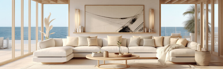 Interior design banner with a modern sofa in front of a large window. Generative AI