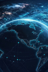 Internet networks over planet Earth, neon colors. Vertical illustration. AI generative.