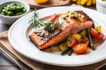 baked salmon fillet seasoned with fresh dill and garnished with two slices of lemon