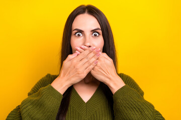 Poster - Photo of impressed funky lady wear khaki pullover big eyes arms close mouth isolated yellow color background