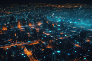 Wall Mural - Internet networks over the city, neon colors. The concept of the future. AI generative.