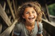 © Markus Schröder - Studio portrait photography of a satisfied kid female laughing against a rustic bridge background. With generative AI technology