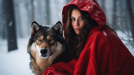 Red Riding Hood and wolf, fantasy snow forest, generative AI tools 