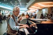 Lifestyle portrait photography of a grinning mature man playing the piano against a bustling food court background. With generative AI technology