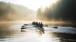 © jr-art - rowing team in in a rowboat on a lake or river at sunset. Generative AI