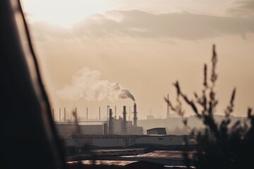 Sticker - blurry shot of factory smokestacks, with pollution visible against the sky, created with generative ai