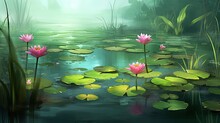 Illustration Of Peaceful Lotus Pond Scene, Generative Ai