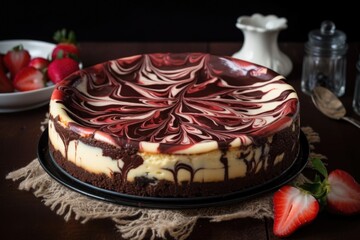 Canvas Print - classic cheesecake with strawberry swirl on a chocolate crust, created with generative ai