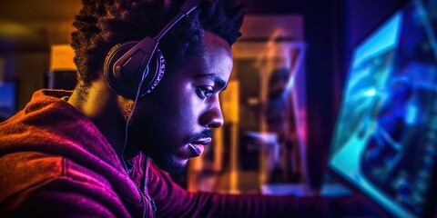 Handsome afro male Software Developer in a modern office, radiating confidence with a subtle smile. Embodies expertise and innovation in the fast-paced tech industry. Generative AI