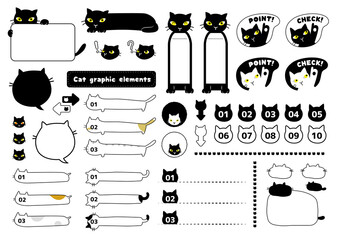 set of black cat icons, cute, graphic box elements, 