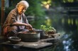 Photography in the style of pensive portraiture of a glad old woman cooking against a tranquil koi pond background. With generative AI technology