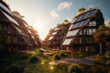 Canvas Print - eco-friendly hotel with solar panels, wind turbines and other green energy systems, created with generative ai