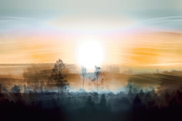 Wall Mural - abstract and surreal landscape with misty sunrise, featuring the sun peeking over the horizon, creat