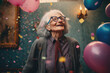 © ADDICTIVE STOCK - Generative AI illustration of happy senior woman with gray hair in elegant clothes and eyeglasses smiling and looking at balloons during nerds party