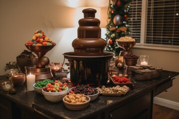 Poster - festive chocolate fountain surrounded by festive party decor and treats, created with generative ai