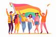 © GS Edwards Studio - LGBT women and men marching for pride with a rainbow flag, cartoon, illustration