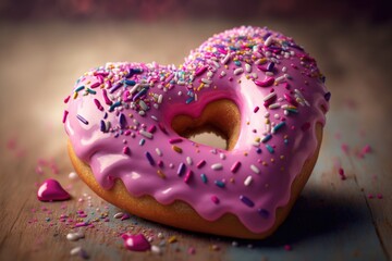 Wall Mural - heart-shaped donut in the form of a valentine, with pink icing and sprinkles, created with generative ai