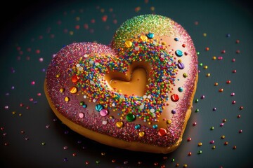 Wall Mural - close-up of heart-shaped donut with colorful icing and sprinkles, created with generative ai