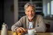 © Markus Schröder - Medium shot portrait photography of a happy mature man having breakfast against a serene meditation space background. With generative AI technology