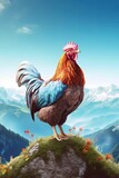 Fototapeta Zwierzęta - Chicken in nature at mountain valley. Generative AI