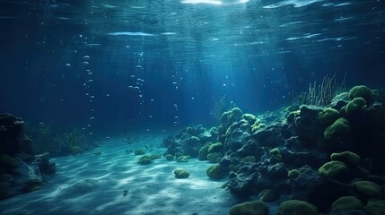 underwater blue ocean background. deep underwater sea scene. generative ai