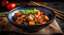 Tofu stir-fry vegetarian meal on dark background. Generative AI
