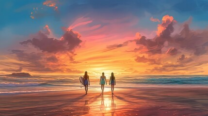 Wall Mural - Silhouette of surfer people carrying their surfboards on sunset beach. Generative AI