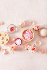 Sticker - skincare products and rose flowers. natural cosmetics for home spa treatment