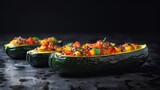 Fototapeta Uliczki - Stuffed zucchini boats vegetarian meal on dark background. Generative AI