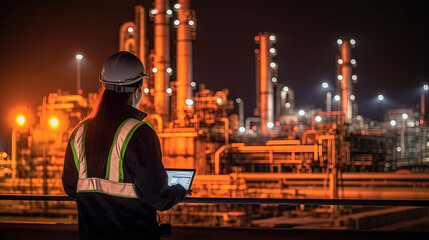 Backside of woman petrochemical engineer working at night with laptop Inside oil and gas refinery plant industry factory at night for inspector safety quality control, Generative AI