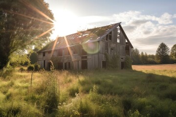 Sticker - old barn, with sun streaming through broken windows, surrounded by overgrown fields, created with generative ai