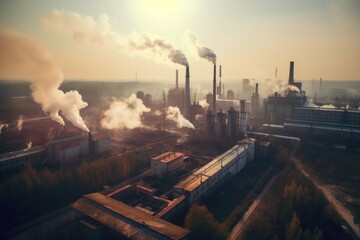 Sticker - factory, with smoke and haze rising from its chimneys, contributing to air pollution, created with generative ai