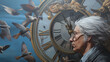 © Friedbert - A painting of a woman looking at a clock surrounded by birds. Generative AI.