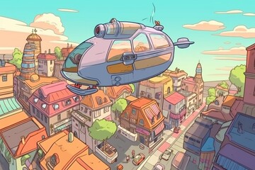 Sticker - humongous spaceship floating above futuristic city with flying cars and hoverboards in the streets, created with generative ai